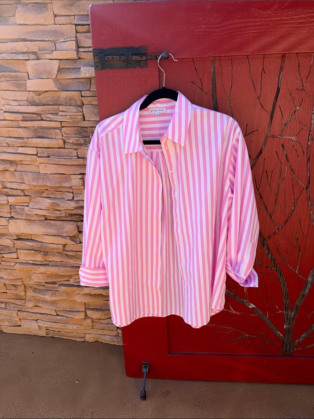 Gianni Bini Pink and White Striped Button-Down Shirt